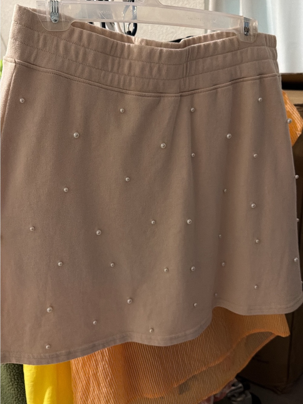 Boutique 9 Beige Mini Skirt with Pearl Accents